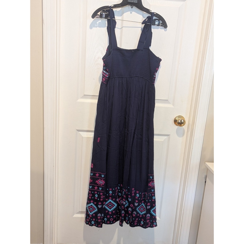 Boho Southwest Embroidered Maxi Dress Tie Strap Navy Savanna Jane L - Picture 5 of 9